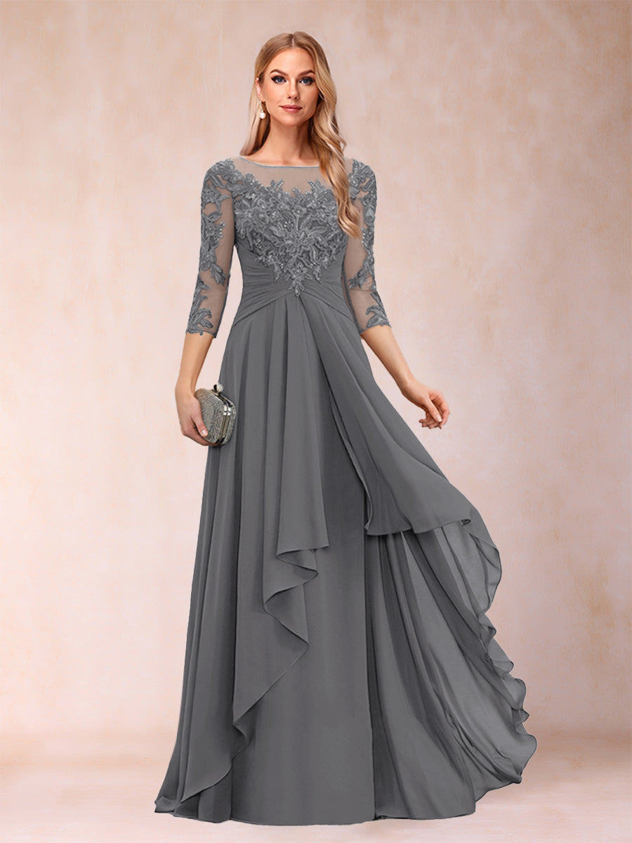 A-Line/Princess Scoop 3/4 Sleeves Chiffon Mother of the Bride Dresses with Appliques &amp; Ruffles