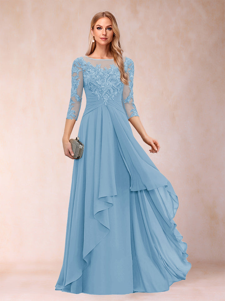 A-Line/Princess Scoop 3/4 Sleeves Chiffon Mother of the Bride Dresses with Appliques &amp; Ruffles