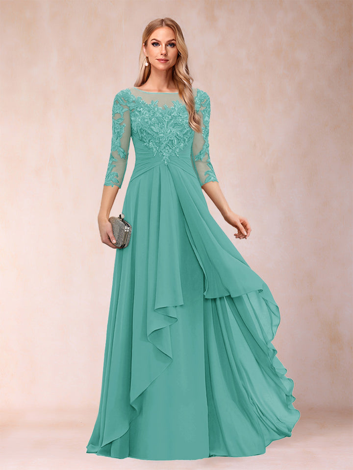 A-Line/Princess Scoop 3/4 Sleeves Chiffon Mother of the Bride Dresses with Appliques &amp; Ruffles