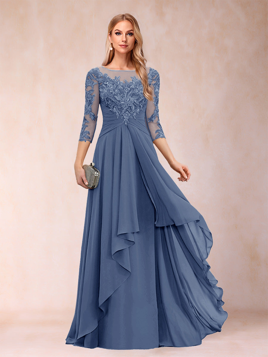 A-Line/Princess Scoop 3/4 Sleeves Chiffon Mother of the Bride Dresses with Appliques &amp; Ruffles