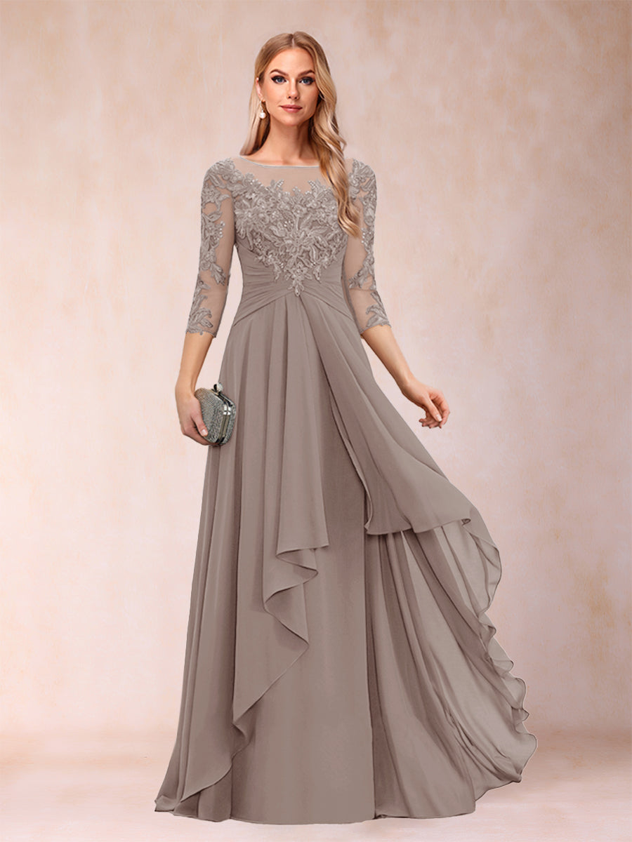 A-Line/Princess Scoop 3/4 Sleeves Chiffon Mother of the Bride Dresses with Appliques &amp; Ruffles