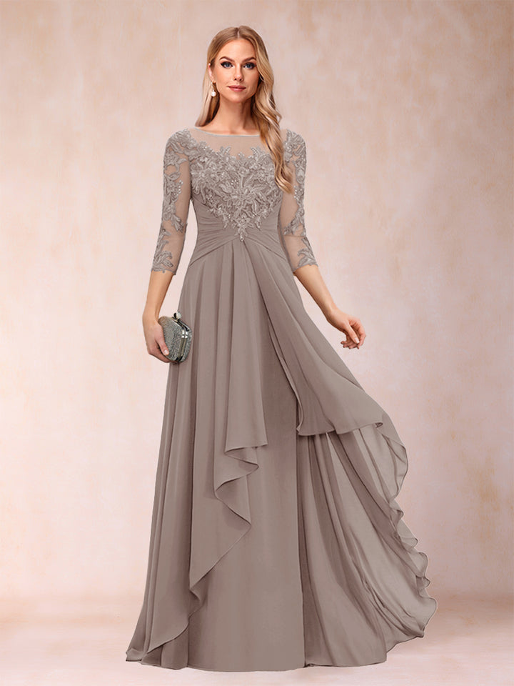 A-Line/Princess Scoop 3/4 Sleeves Chiffon Mother of the Bride Dresses with Appliques &amp; Ruffles
