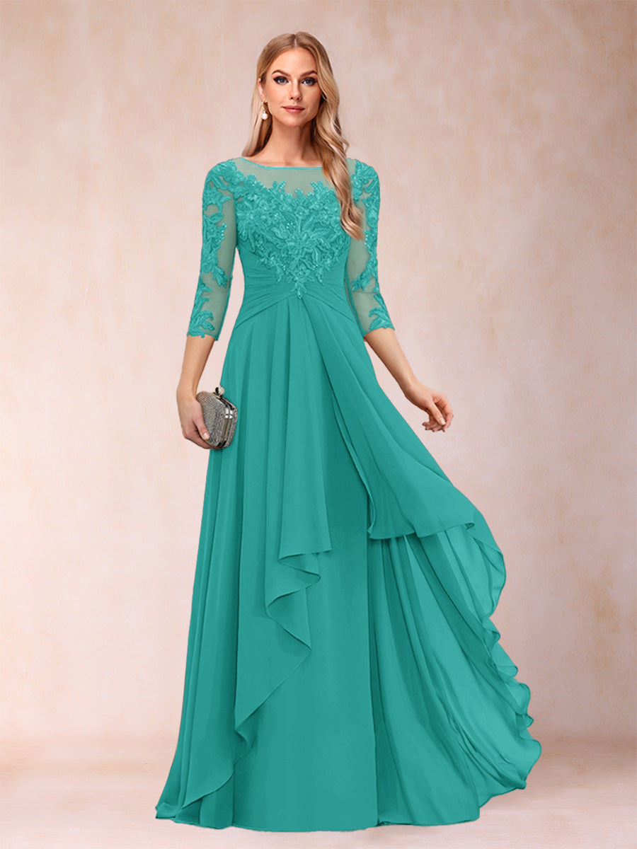 A-Line/Princess Scoop 3/4 Sleeves Chiffon Mother of the Bride Dresses with Appliques &amp; Ruffles
