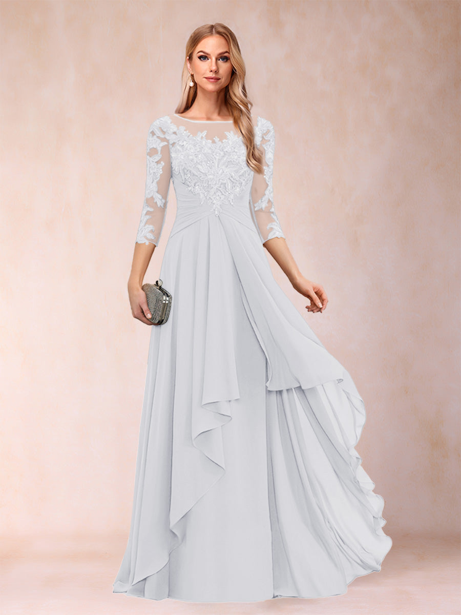 A-Line/Princess Scoop 3/4 Sleeves Chiffon Mother of the Bride Dresses with Appliques &amp; Ruffles