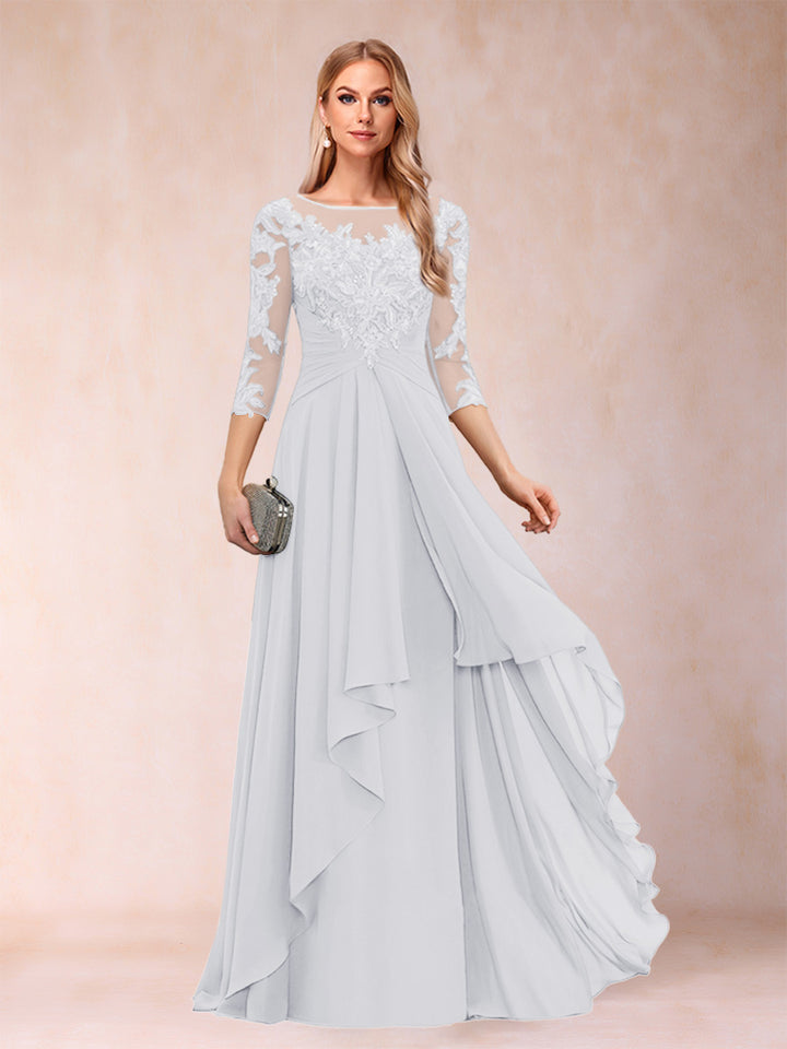 A-Line/Princess Scoop 3/4 Sleeves Chiffon Mother of the Bride Dresses with Appliques &amp; Ruffles