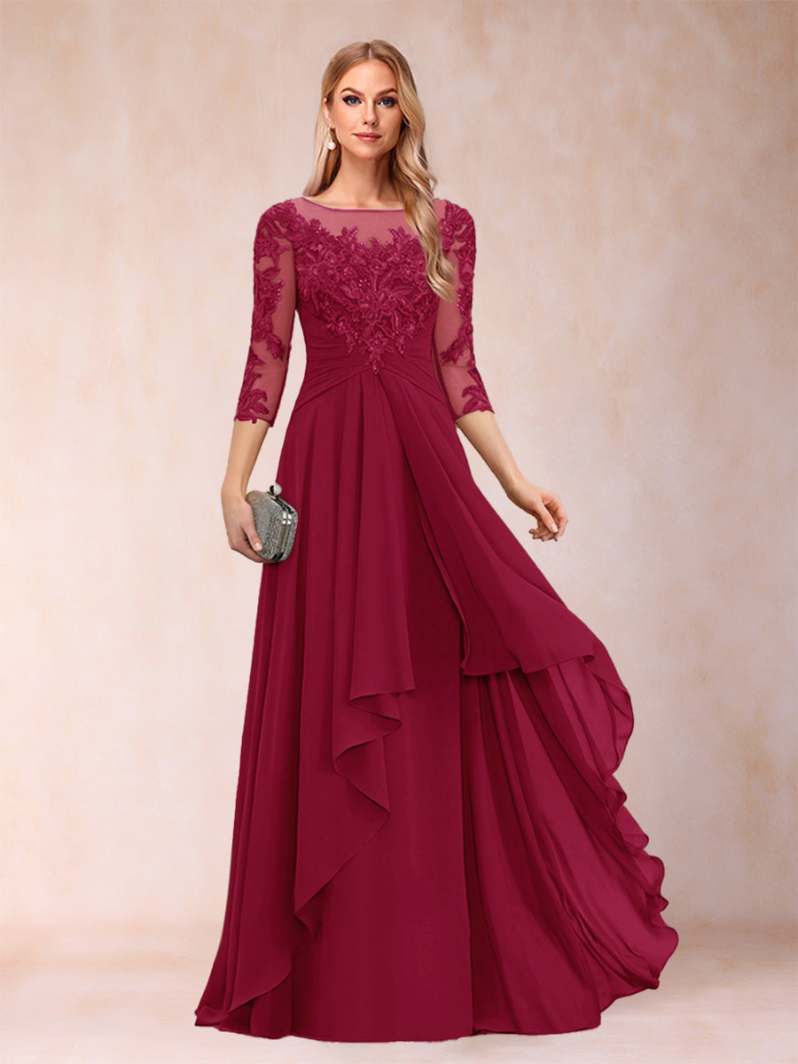 A-Line/Princess Scoop 3/4 Sleeves Chiffon Mother of the Bride Dresses with Appliques &amp; Ruffles