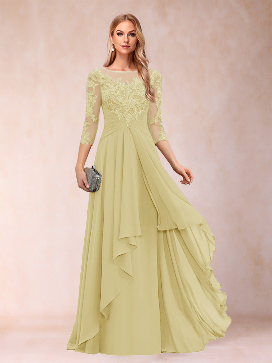 A-Line/Princess Scoop 3/4 Sleeves Chiffon Mother of the Bride Dresses with Appliques &amp; Ruffles