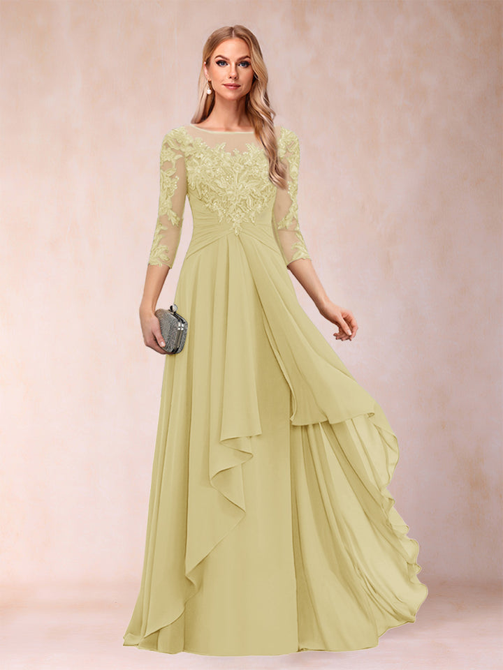 A-Line/Princess Scoop 3/4 Sleeves Chiffon Mother of the Bride Dresses with Appliques &amp; Ruffles