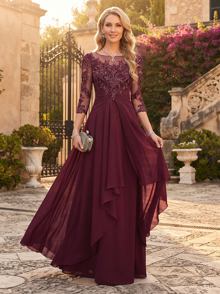 A-Line/Princess Chiffon Scoop 3/4 Sleeves Mother of the Bride Dresses with Appliques &amp; Ruffles