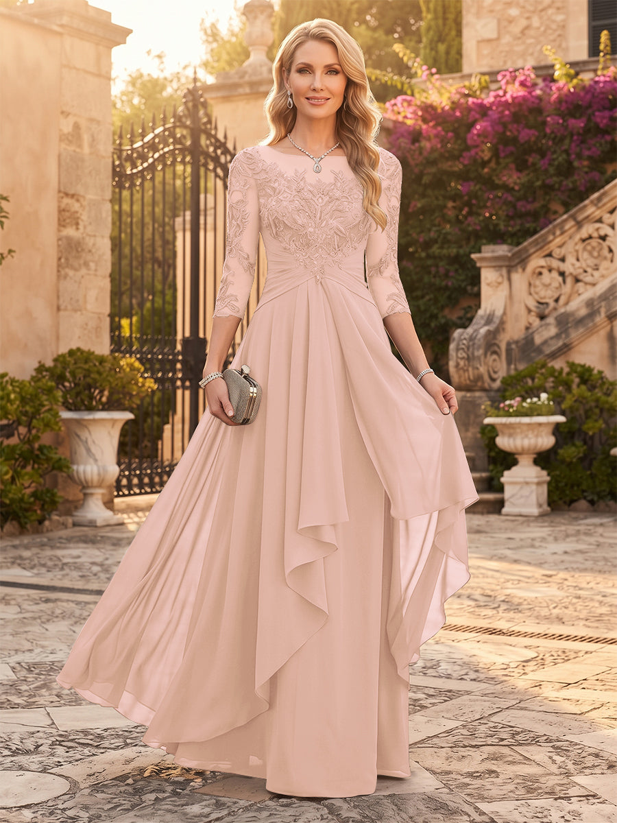 A-Line/Princess Chiffon Scoop 3/4 Sleeves Mother of the Bride Dresses with Appliques &amp; Ruffles