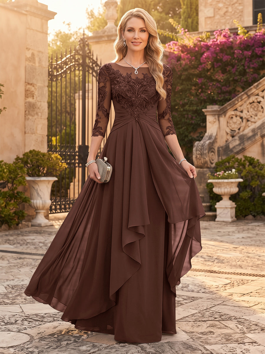 A-Line/Princess Chiffon Scoop 3/4 Sleeves Mother of the Bride Dresses with Appliques &amp; Ruffles