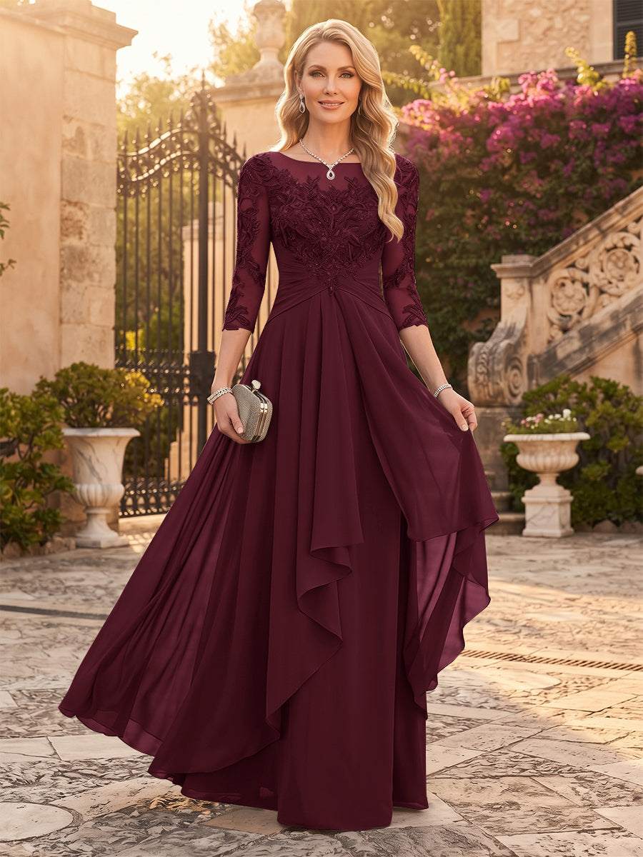A-Line/Princess Chiffon Scoop 3/4 Sleeves Mother of the Bride Dresses with Appliques &amp; Ruffles