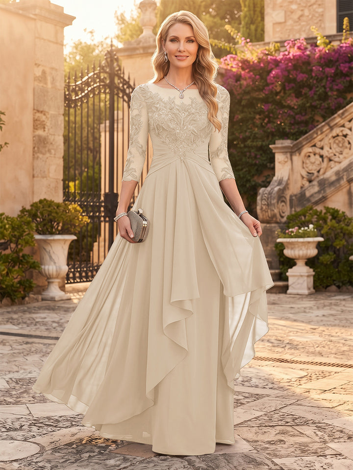 A-Line/Princess Chiffon Scoop 3/4 Sleeves Mother of the Bride Dresses with Appliques &amp; Ruffles