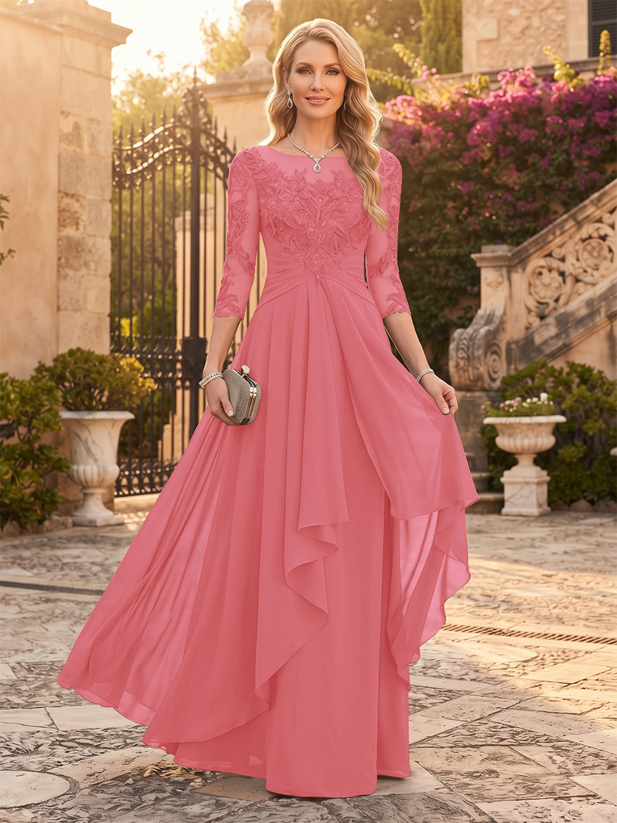 A-Line/Princess Chiffon Scoop 3/4 Sleeves Mother of the Bride Dresses with Appliques &amp; Ruffles