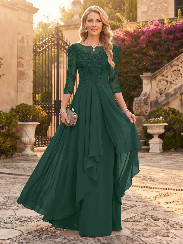 A-Line/Princess Chiffon Scoop 3/4 Sleeves Mother of the Bride Dresses with Appliques &amp; Ruffles