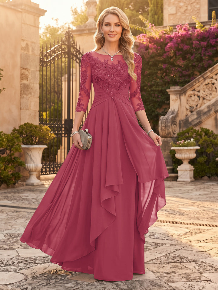 A-Line/Princess Chiffon Scoop 3/4 Sleeves Mother of the Bride Dresses with Appliques &amp; Ruffles