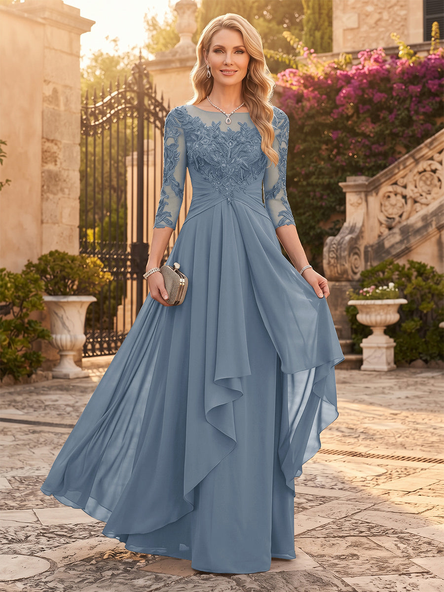 A-Line/Princess Chiffon Scoop 3/4 Sleeves Mother of the Bride Dresses with Appliques &amp; Ruffles