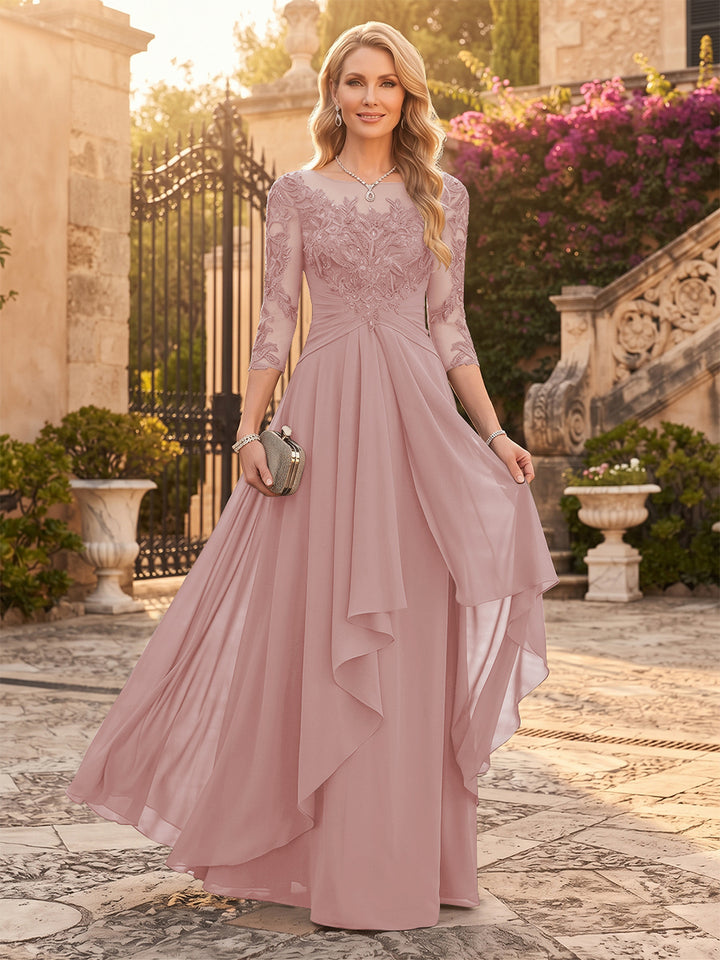 A-Line/Princess Chiffon Scoop 3/4 Sleeves Mother of the Bride Dresses with Appliques &amp; Ruffles