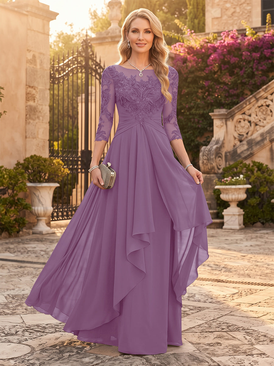 A-Line/Princess Chiffon Scoop 3/4 Sleeves Mother of the Bride Dresses with Appliques &amp; Ruffles
