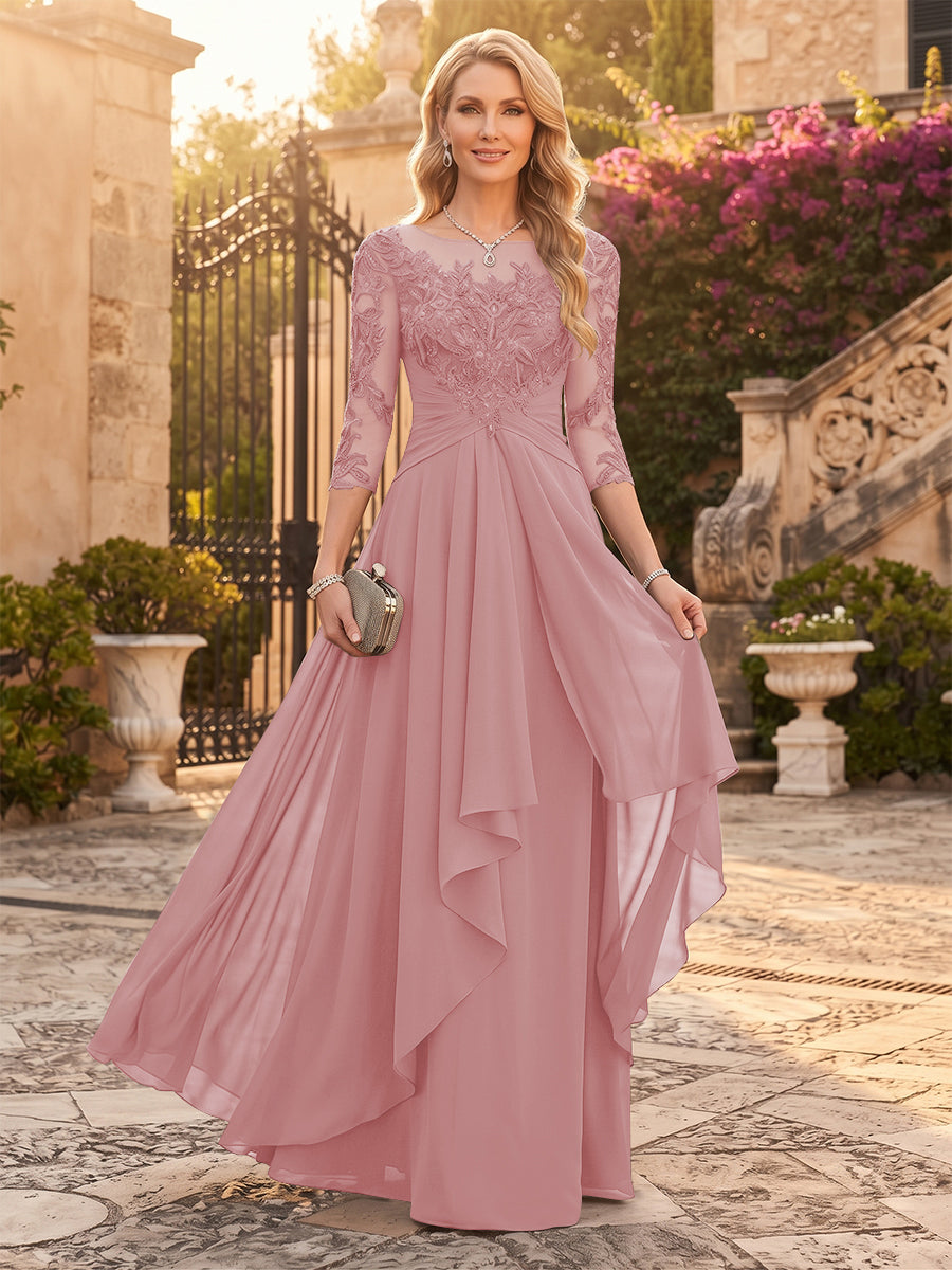 A-Line/Princess Chiffon Scoop 3/4 Sleeves Mother of the Bride Dresses with Appliques &amp; Ruffles