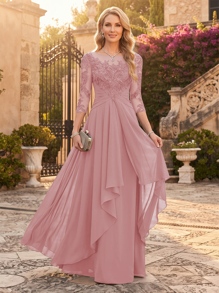 A-Line/Princess Chiffon Scoop 3/4 Sleeves Mother of the Bride Dresses with Appliques &amp; Ruffles