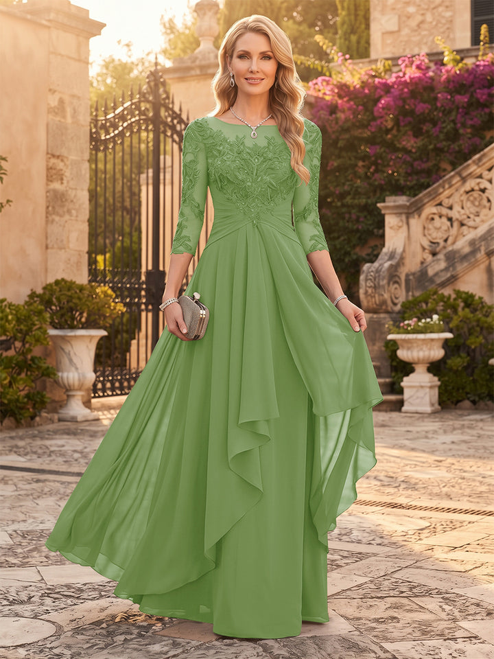 A-Line/Princess Chiffon Scoop 3/4 Sleeves Mother of the Bride Dresses with Appliques &amp; Ruffles