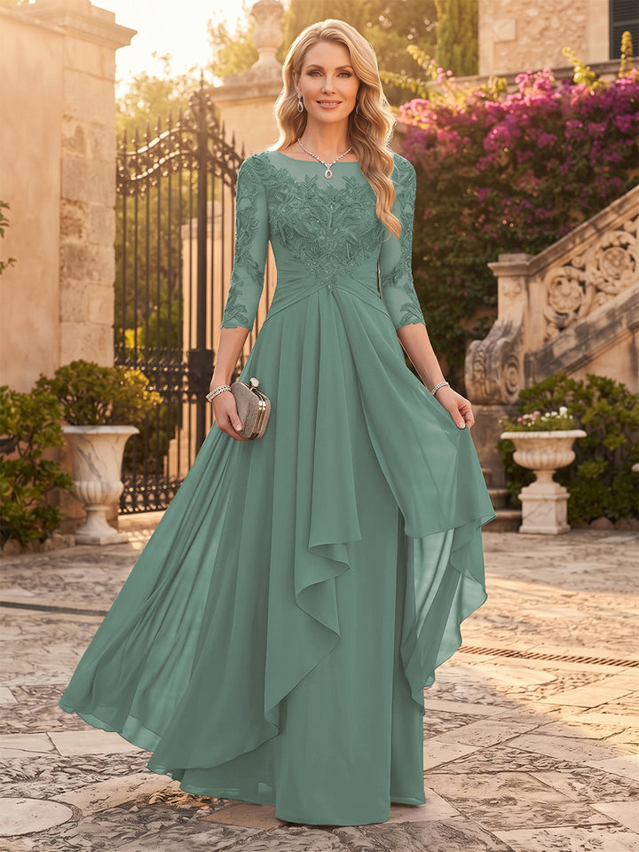 A-Line/Princess Chiffon Scoop 3/4 Sleeves Mother of the Bride Dresses with Appliques &amp; Ruffles