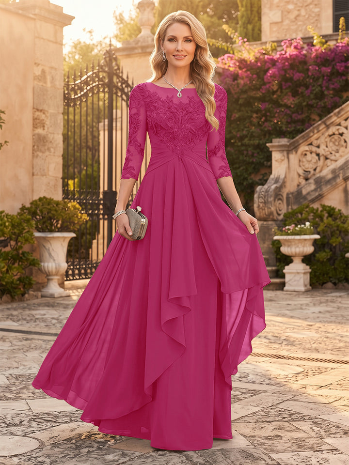 A-Line/Princess Chiffon Scoop 3/4 Sleeves Mother of the Bride Dresses with Appliques &amp; Ruffles