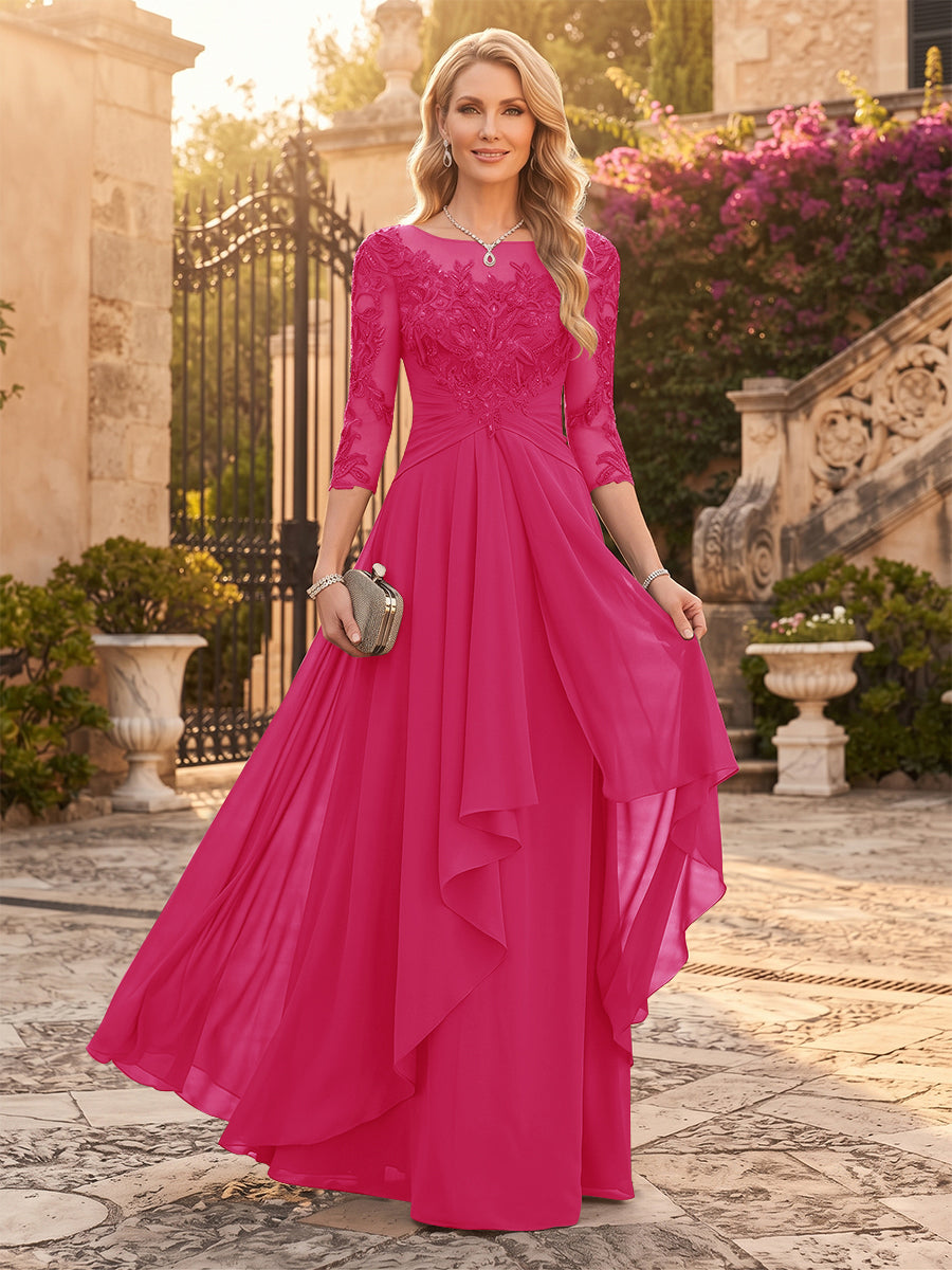 A-Line/Princess Chiffon Scoop 3/4 Sleeves Mother of the Bride Dresses with Appliques &amp; Ruffles