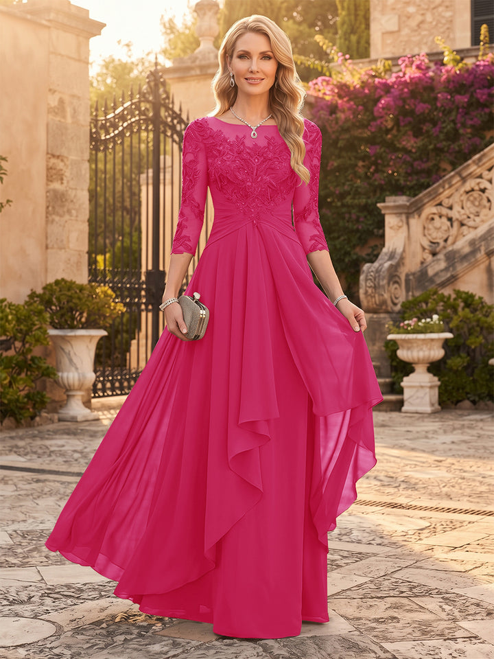 A-Line/Princess Chiffon Scoop 3/4 Sleeves Mother of the Bride Dresses with Appliques &amp; Ruffles