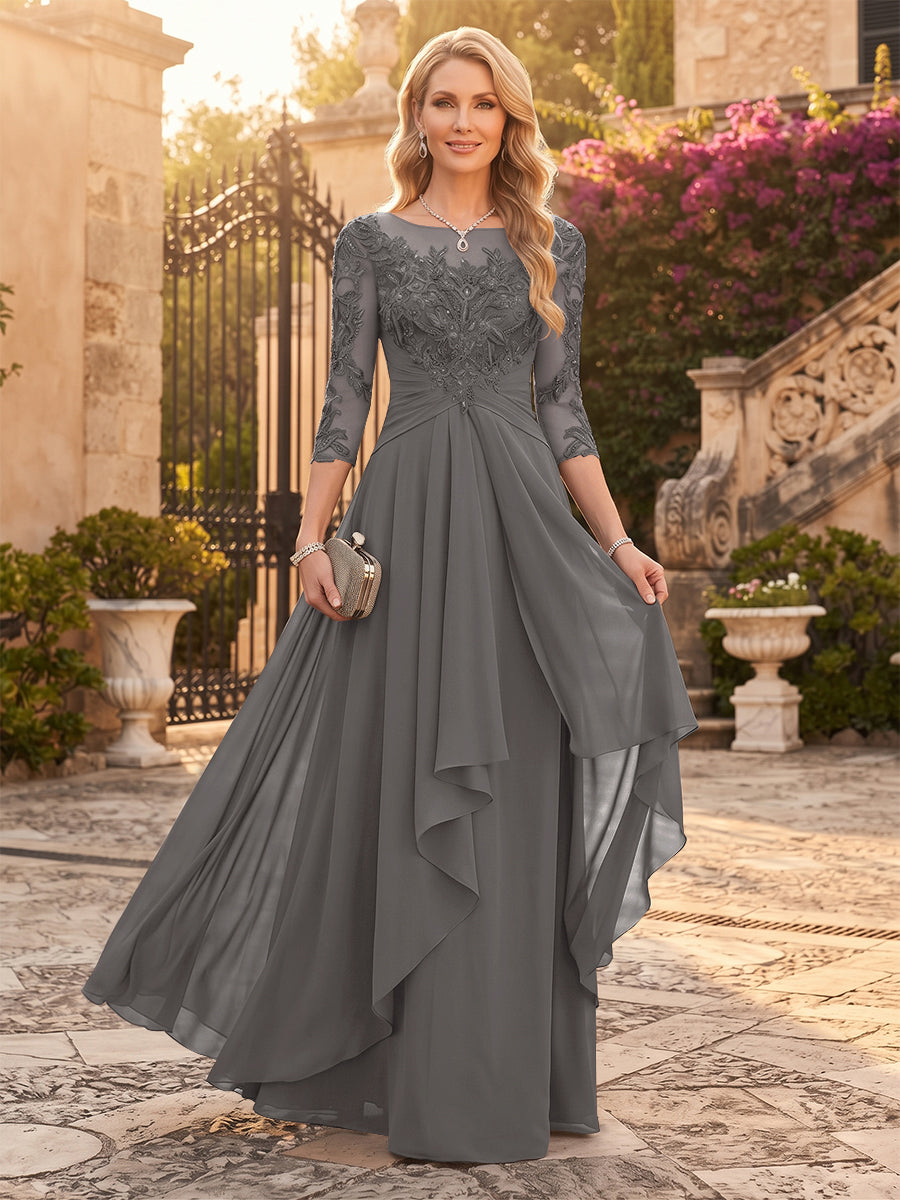 A-Line/Princess Chiffon Scoop 3/4 Sleeves Mother of the Bride Dresses with Appliques &amp; Ruffles