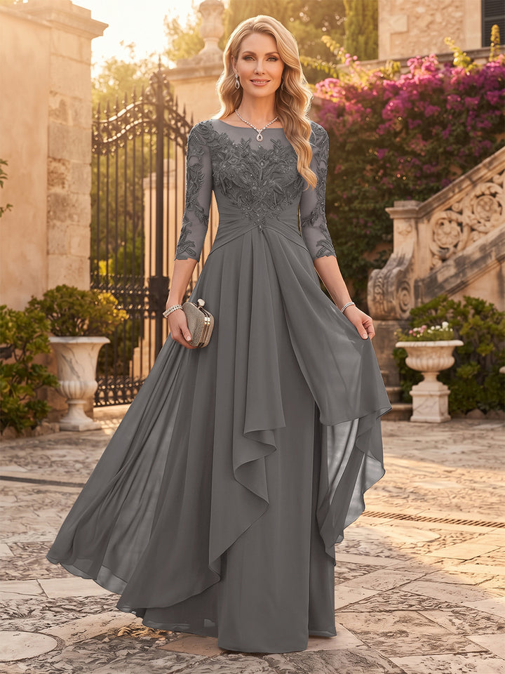 A-Line/Princess Chiffon Scoop 3/4 Sleeves Mother of the Bride Dresses with Appliques &amp; Ruffles