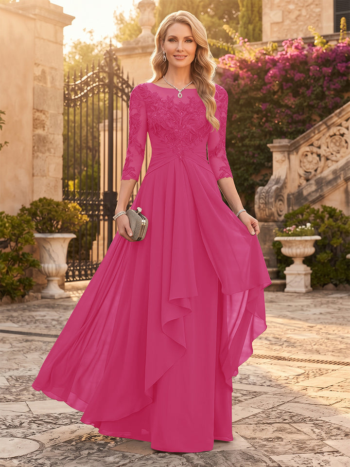 A-Line/Princess Chiffon Scoop 3/4 Sleeves Mother of the Bride Dresses with Appliques &amp; Ruffles