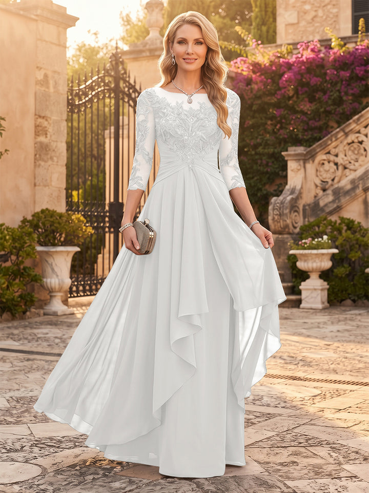 A-Line/Princess Chiffon Scoop 3/4 Sleeves Mother of the Bride Dresses with Appliques &amp; Ruffles