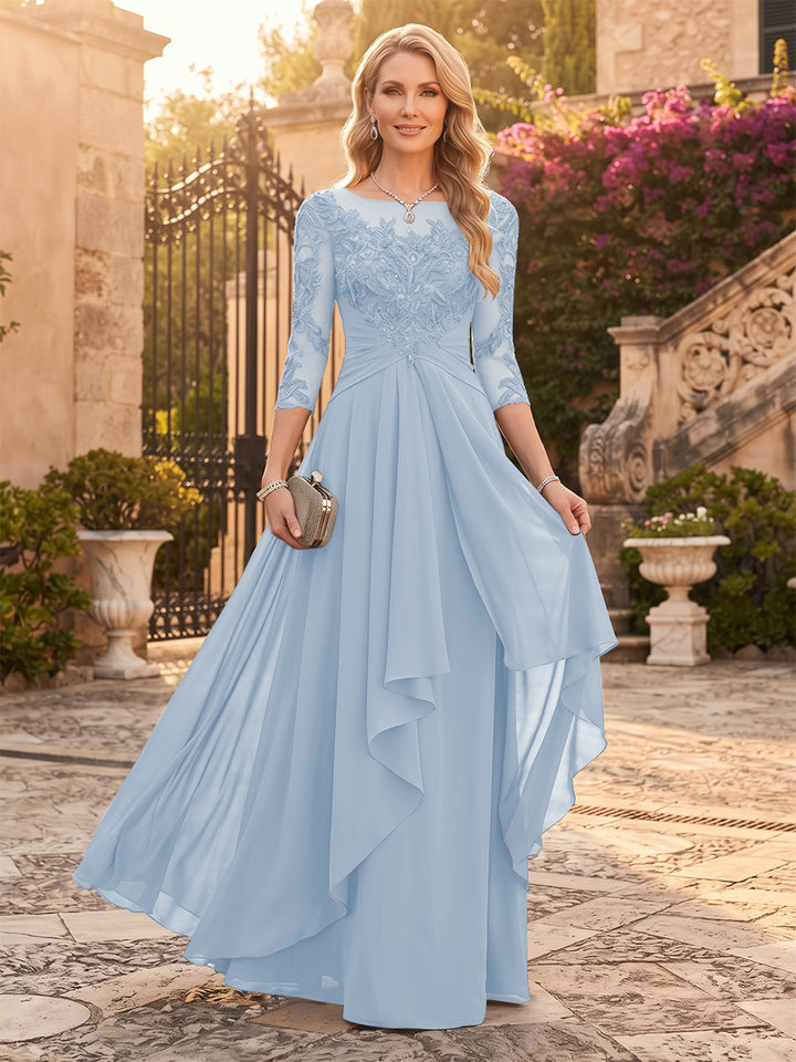 A-Line/Princess Chiffon Scoop 3/4 Sleeves Mother of the Bride Dresses with Appliques &amp; Ruffles