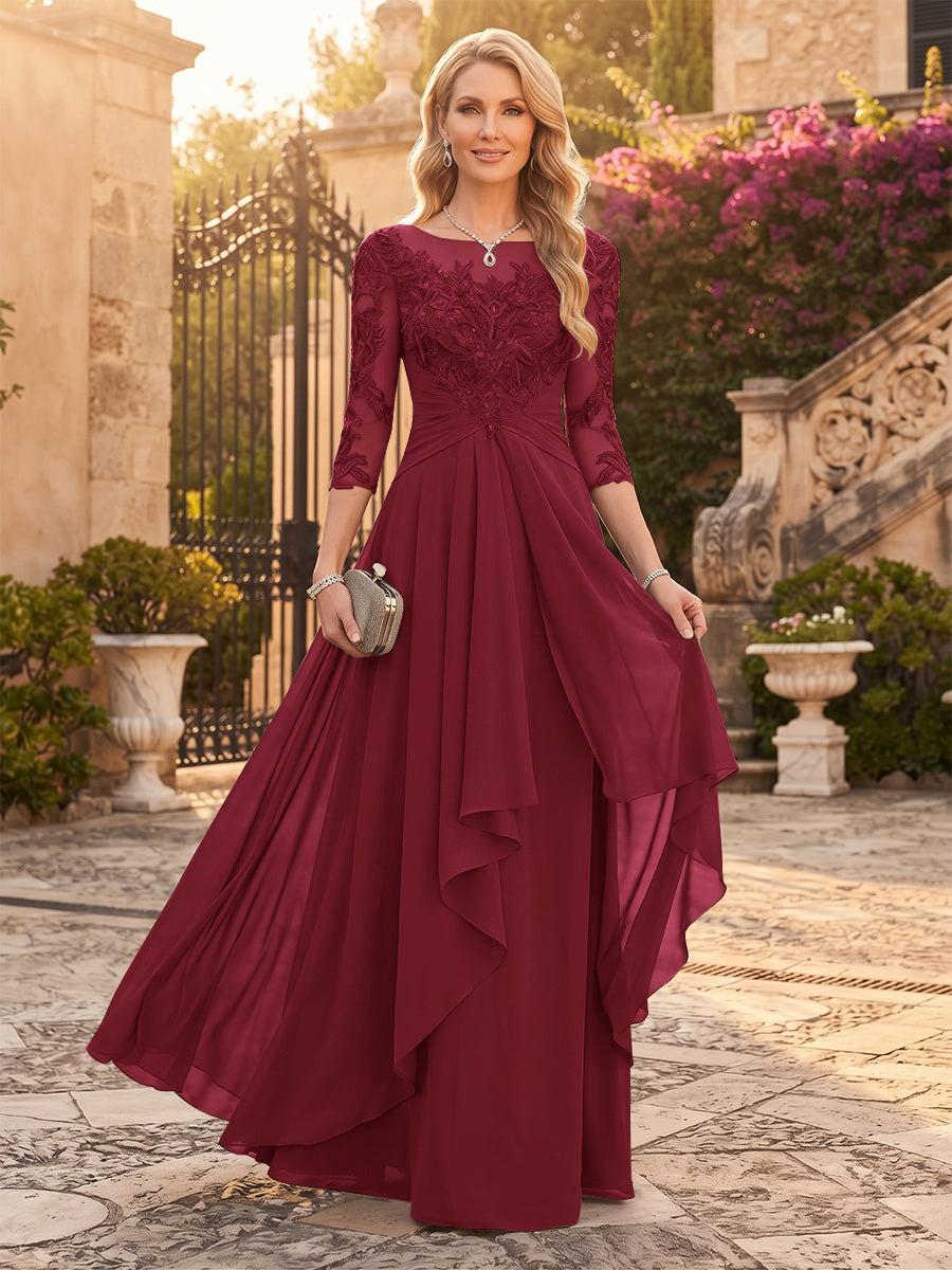 A-Line/Princess Chiffon Scoop 3/4 Sleeves Mother of the Bride Dresses with Appliques &amp; Ruffles