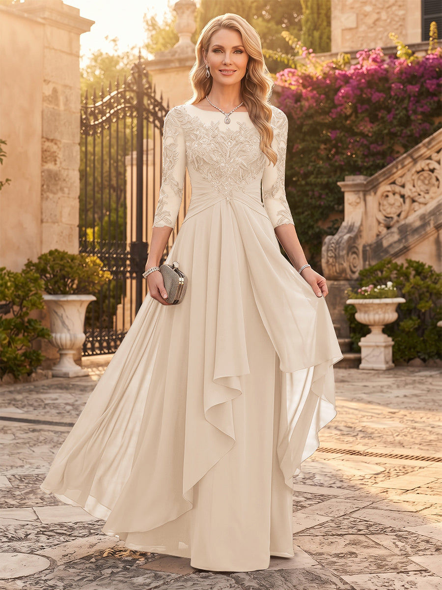 A-Line/Princess Chiffon Scoop 3/4 Sleeves Mother of the Bride Dresses with Appliques &amp; Ruffles