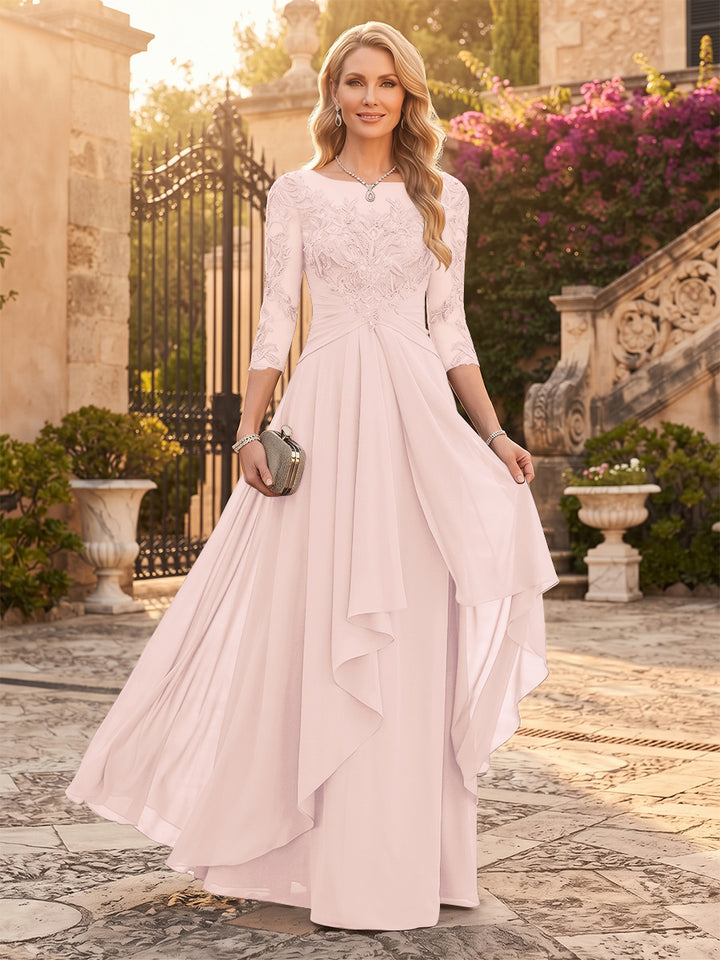 A-Line/Princess Chiffon Scoop 3/4 Sleeves Mother of the Bride Dresses with Appliques &amp; Ruffles
