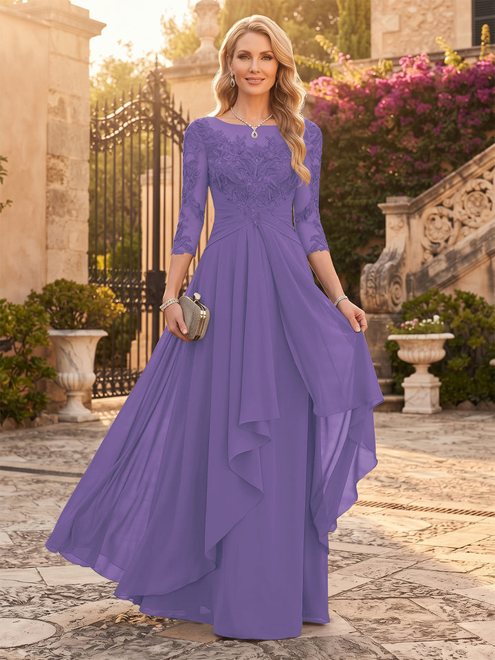 A-Line/Princess Chiffon Scoop 3/4 Sleeves Mother of the Bride Dresses with Appliques &amp; Ruffles