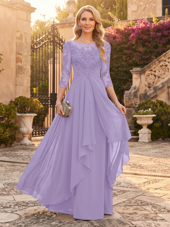 A-Line/Princess Chiffon Scoop 3/4 Sleeves Mother of the Bride Dresses with Appliques &amp; Ruffles