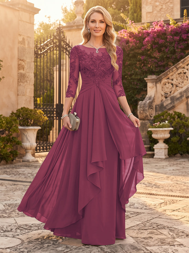 A-Line/Princess Chiffon Scoop 3/4 Sleeves Mother of the Bride Dresses with Appliques &amp; Ruffles