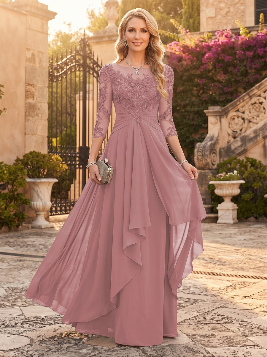 A-Line/Princess Chiffon Scoop 3/4 Sleeves Mother of the Bride Dresses with Appliques &amp; Ruffles