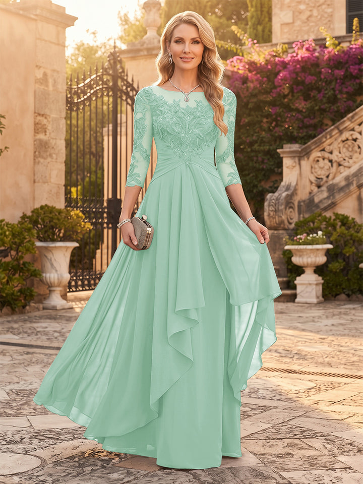 A-Line/Princess Chiffon Scoop 3/4 Sleeves Mother of the Bride Dresses with Appliques &amp; Ruffles