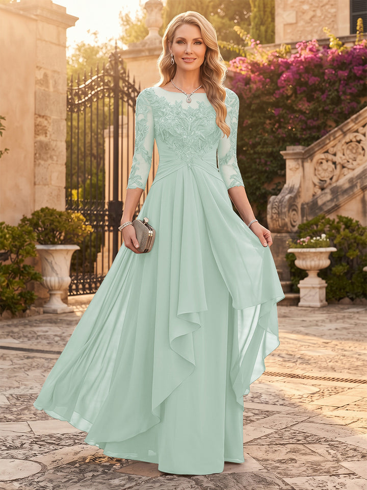 A-Line/Princess Chiffon Scoop 3/4 Sleeves Mother of the Bride Dresses with Appliques &amp; Ruffles