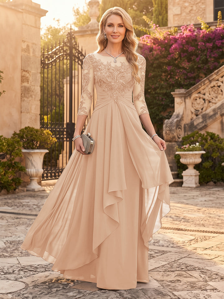 A-Line/Princess Chiffon Scoop 3/4 Sleeves Mother of the Bride Dresses with Appliques &amp; Ruffles