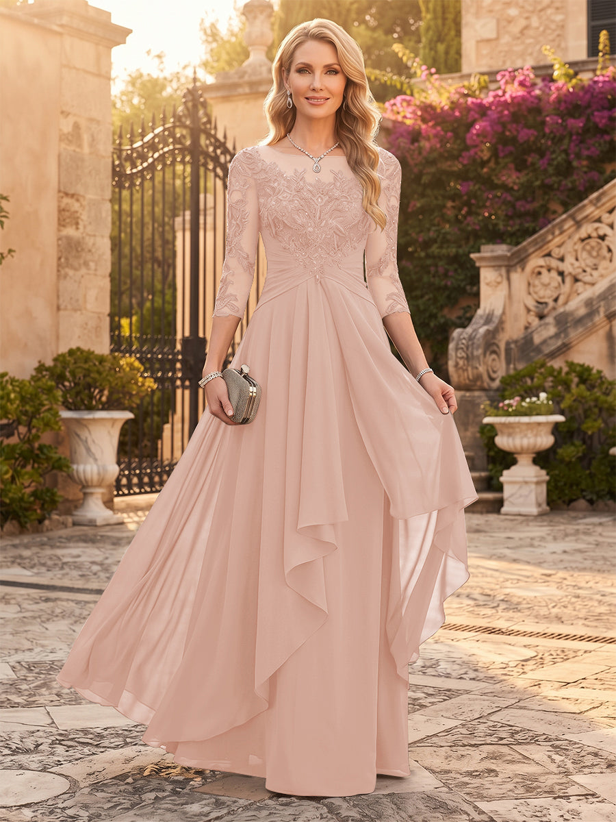 A-Line/Princess Chiffon Scoop 3/4 Sleeves Mother of the Bride Dresses with Appliques &amp; Ruffles