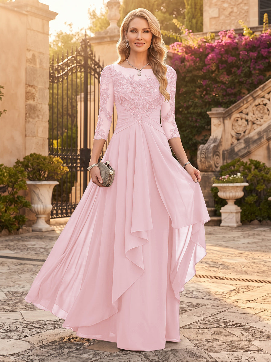 A-Line/Princess Chiffon Scoop 3/4 Sleeves Mother of the Bride Dresses with Appliques &amp; Ruffles