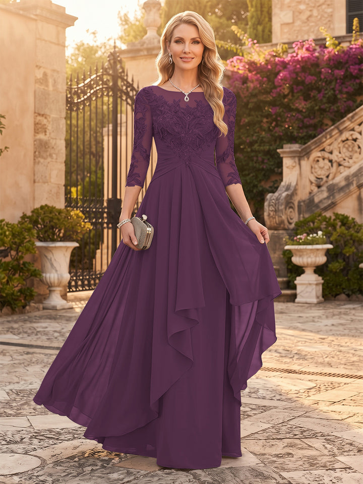 A-Line/Princess Chiffon Scoop 3/4 Sleeves Mother of the Bride Dresses with Appliques &amp; Ruffles