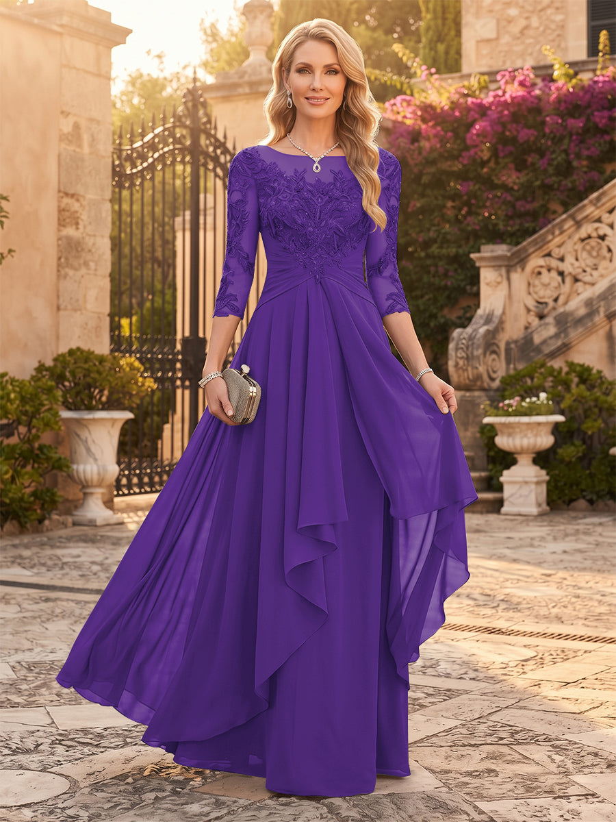 A-Line/Princess Chiffon Scoop 3/4 Sleeves Mother of the Bride Dresses with Appliques &amp; Ruffles