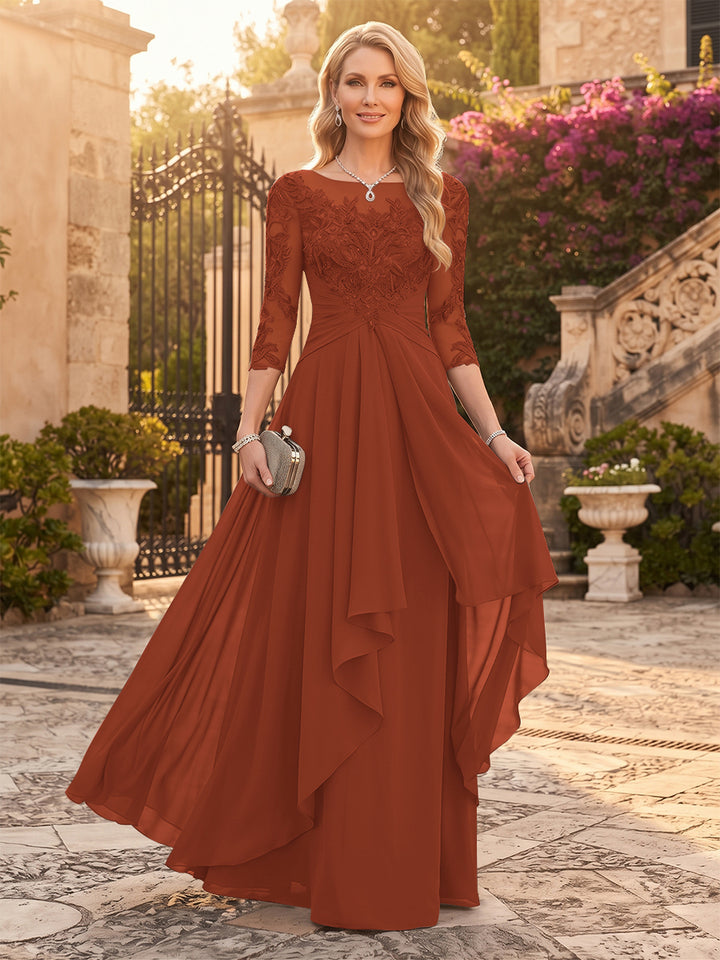 A-Line/Princess Chiffon Scoop 3/4 Sleeves Mother of the Bride Dresses with Appliques &amp; Ruffles